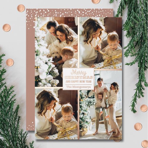 Merry Christmas 4 Photo Collage Rose Gold Foil Holiday Card