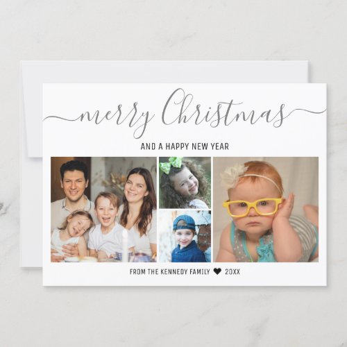Merry Christmas 4 Photo Collage Rustic Gray Wood Holiday Card