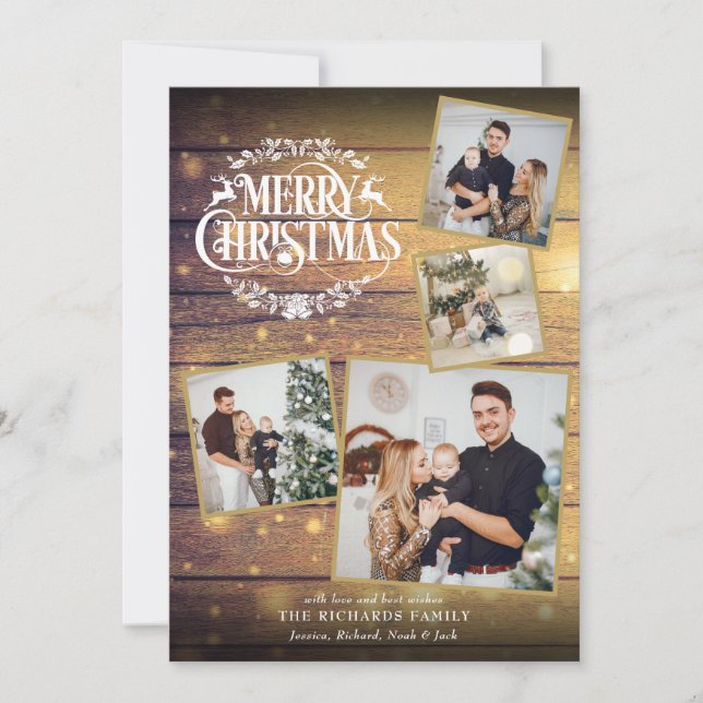 Merry Christmas 4 Photo Collage Rustic Wood Holiday Card (Front)
