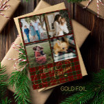 Merry Christmas 4 photo collage script red tartan Foil Holiday Card<br><div class="desc">Elegant stylish Merry Christmas real gold foil classic calligraphy script four square family photos rustic red green plaid tartan luxury holiday card with your custom personalized text on both sides.     The foil color is changeable - you can choose gold,  silver,  or rose gold.</div>