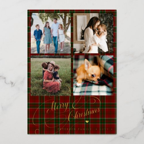 Merry Christmas 4 photo collage script red tartan Foil Holiday Card