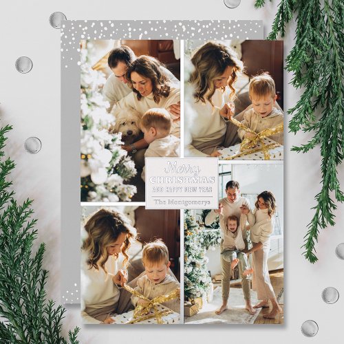 Merry Christmas 4 Photo Collage Silver Foil Holiday Card