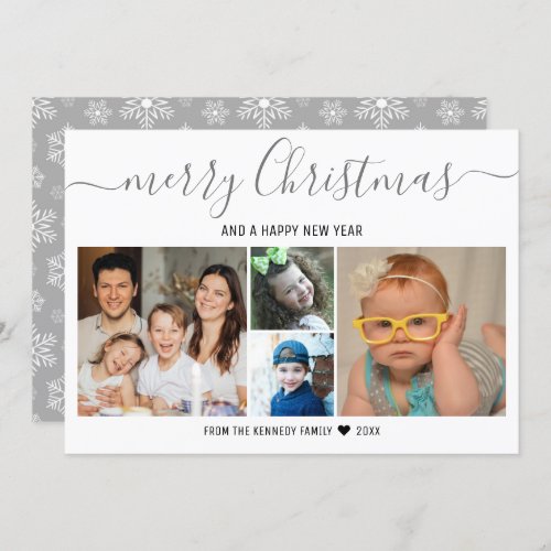 Merry Christmas 4 Photo Collage Silver Snowflakes Holiday Card