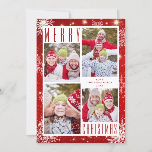 MERRY CHRISTMAS 4 Photo Collage Snowflakes Red Holiday Card