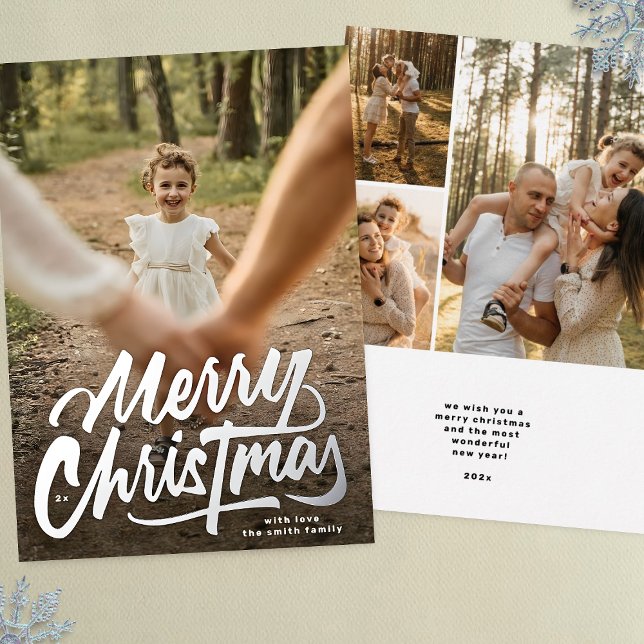 Merry Christmas 4 Photo Family Collage Foil Holiday Card (Creator Uploaded)
