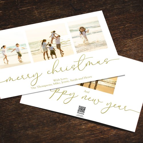 Merry Christmas 4 Photo Gold Calligraphy Script Holiday Card