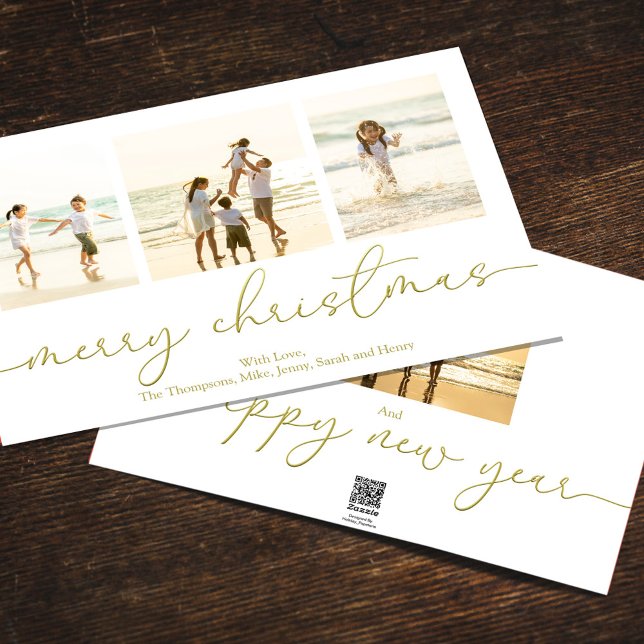 Merry Christmas 4 Photo Gold Calligraphy Script Holiday Card (Merry Christmas gold calligraphy script photo card. )