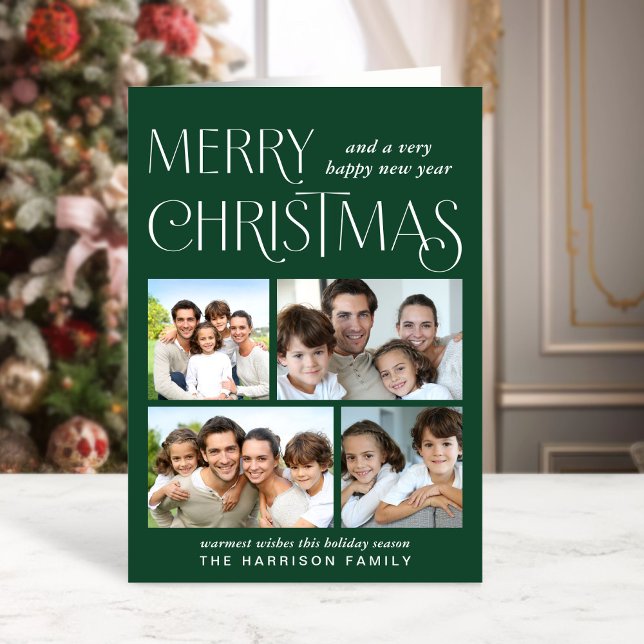 Merry Christmas 4 Photo Green Holiday Card (This holiday season, let your family's smiles and heartwarming memories shine on our 4 photo card)