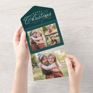 Merry Christmas 4 photo green holiday trifold All In One Invitation