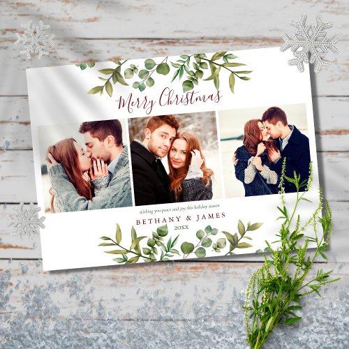 Merry Christmas 4 Photo Greenery Couples Holiday Card