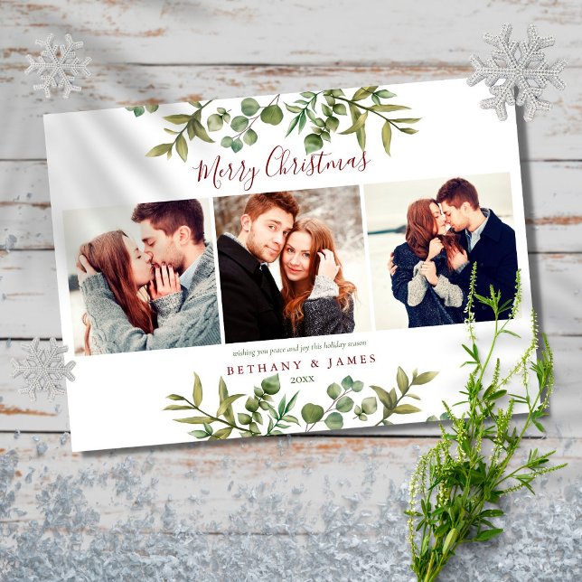 Merry Christmas 4 Photo Greenery Couples Holiday Card (Creator Uploaded)