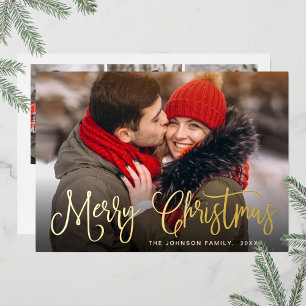 Merry Christmas 4 PHOTO Greeting Gold Foil Holiday Card