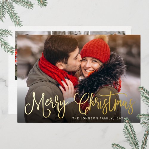 Merry Christmas 4 PHOTO Greeting Gold Foil Holiday Card