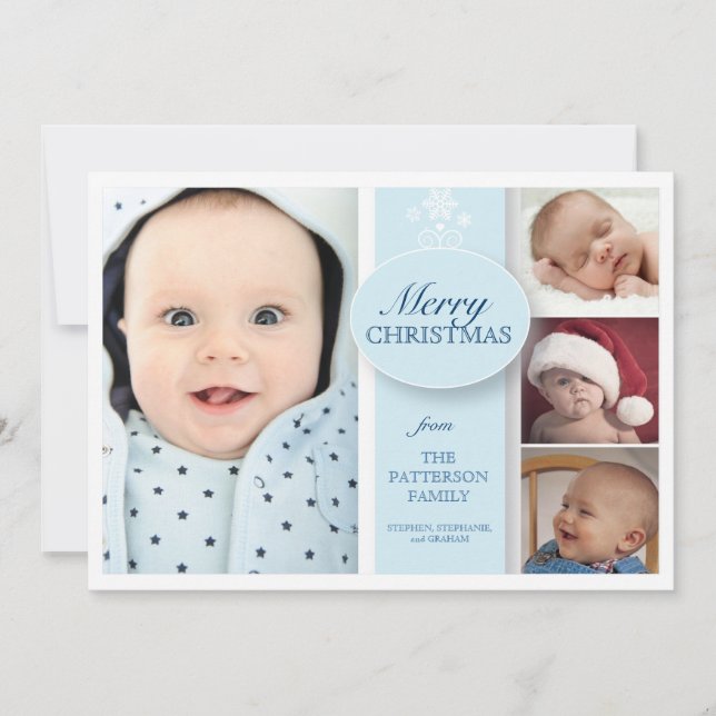 Merry Christmas 4 Photo in Blue Holiday Card (Front)