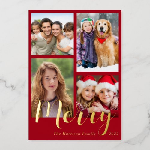 Merry Christmas 4 Photo Red Foil Holiday Card