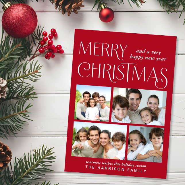 Merry Christmas 4 Photo Red Holiday Card (This holiday season, let your family's smiles and heartwarming memories shine on our 4 photo card)