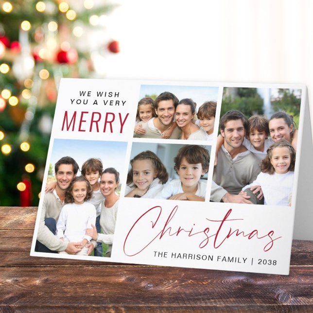 Merry Christmas 4 Photo Red Script Holiday Card (This holiday season, let your family's smiles and heartwarming memories shine on our 4 photo card)