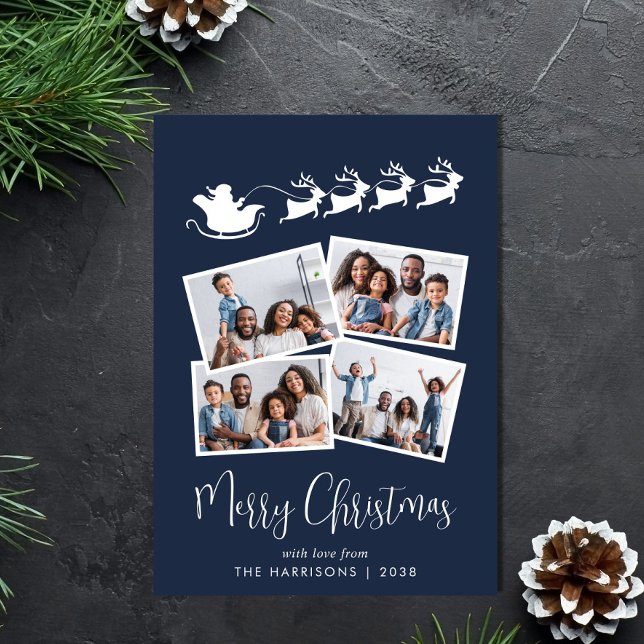 Merry Christmas 4 Photo Santa Sleigh Blue Holiday Card (Share the love and warmth of the holiday season with this personalized photo Christmas card)