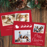 Merry Christmas 4 Photo Santa Sleigh Holiday Card<br><div class="desc">Festive red holiday card featuring 2 scattered photos in white frames,  a white silhouette of reindeers flying Santa's sleigh,  "Merry Christmas" in a stylish white script and your name in simple modern white typography. Add 2 more photos and a customized message on the back.</div>