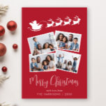 Merry Christmas 4 Photo Santa Sleigh Red Holiday Card<br><div class="desc">Festive red Christmas holiday card featuring a 4 photo collage of scattered pictures in white frames,  an illustration of reindeers flying Santa's sleigh,  "Merry Christmas" in a stylish white script and your name in simple white typography.</div>
