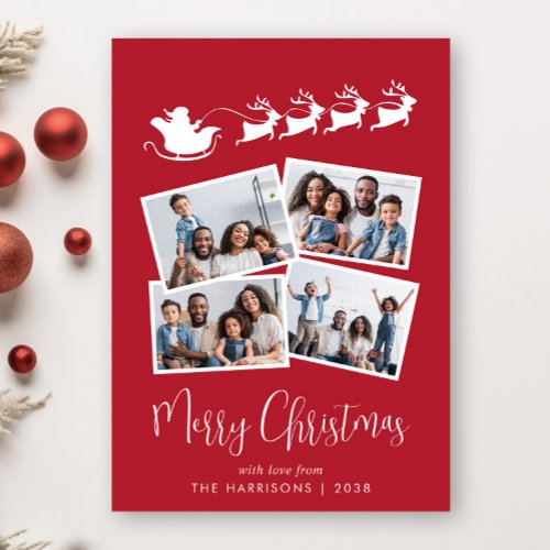 Merry Christmas 4 Photo Santa Sleigh Red Holiday Card