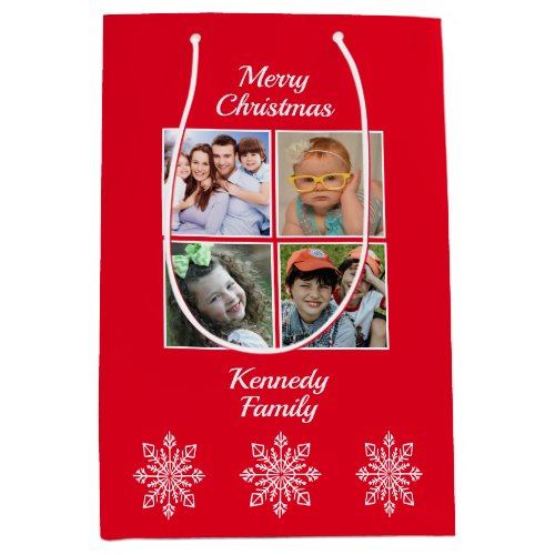 Merry Christmas 4 Photo Snowflake Family Name Red Medium Gift Bag