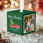 Merry Christmas 4 Photo Vintage Red Truck Green Cube Ornament<br><div class="desc">Merry Christmas Your Family Photos 4 Photo Collage Green Cube Ornament - Watercolor Vintage Red Truck with Christmas Tree</div>