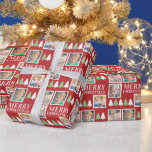Merry Christmas 4 Photos Red Christmas Wrapping Paper<br><div class="desc">This Christmas gift wrapping paper will add a fun personalized touch to your gift giving. The design offers 4 square photo frames and the text: Merry Christmas on a dark red background. The design is accented with small green and white trees.</div>