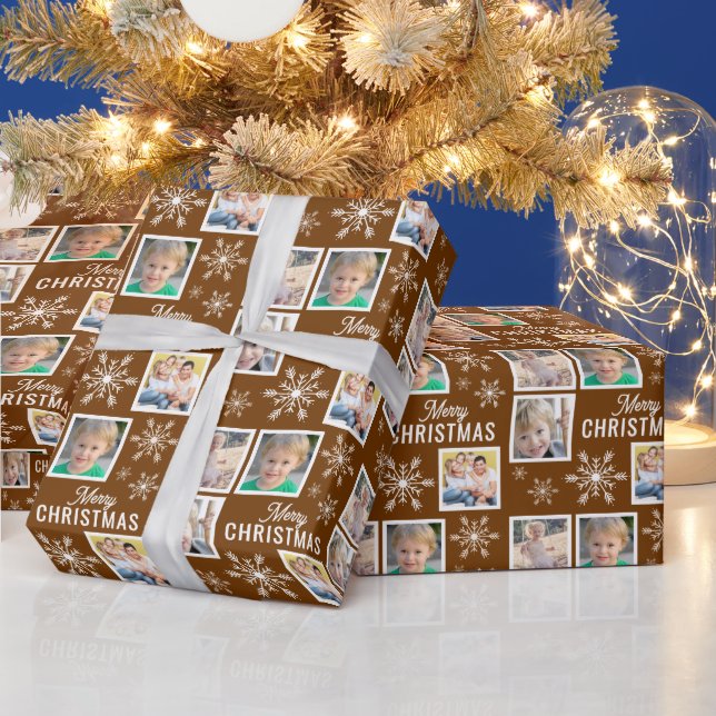 Merry Christmas 4 Photos Snowflake Christmas Brown Wrapping Paper (Holidays)