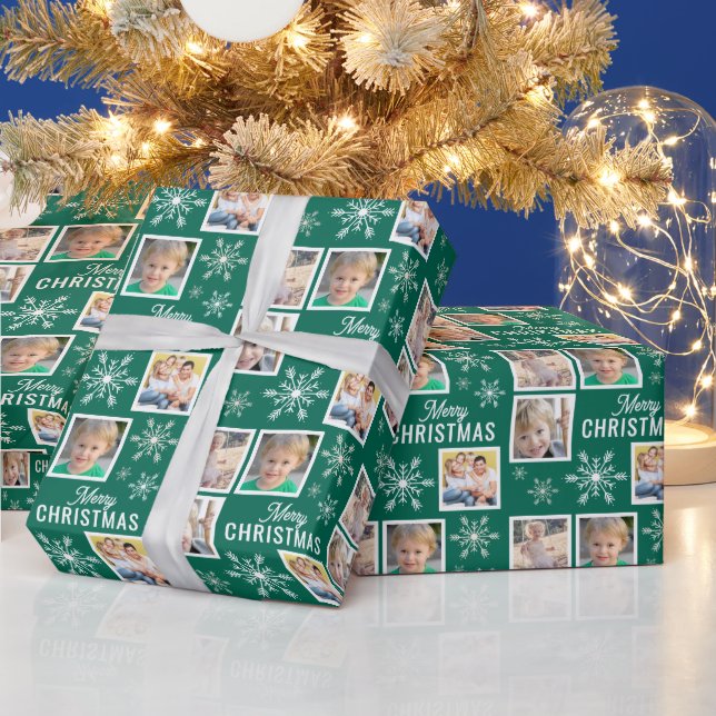 Merry Christmas 4 Photos Snowflake Christmas Green Wrapping Paper (Holidays)