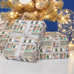Merry Christmas 4 Photos Tan Christmas Wrapping Paper<br><div class="desc">This Christmas gift wrapping paper will add a fun personalized touch to your gift giving. The design offers 4 square photo frames and the text: Merry Christmas on a light tan background. The design is accented with small green and white trees.</div>