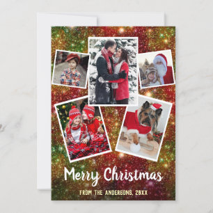 Merry Christmas 5 Family Photo Collage Sparkles Holiday Card