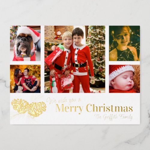 Merry Christmas 5 family photos gold pine cone Foil Holiday Postcard