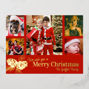Merry Christmas 5 family photos pine cone red gold Foil Holiday Postcard