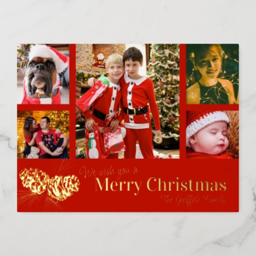Merry Christmas 5 family photos pine cone red gold Foil Holiday Postcard