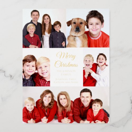 Merry Christmas 5 Photo Collage Elegant Gold Foil Holiday Postcard