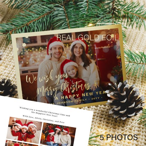 Merry Christmas 5 photo collage gold Foil Holiday Card