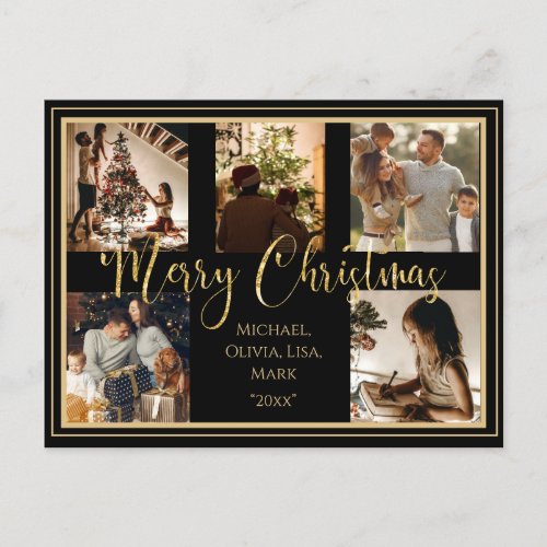Merry Christmas 5 Photo Collage Gold Script Holiday Postcard