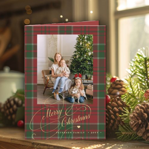 Merry Christmas 5 photo collage red green plaid Holiday Card