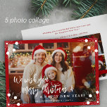 Merry Christmas 5 photo collage red Holiday Card<br><div class="desc">Simple minimal stylish five custom family photos "Merry Christmas and A Happy New Year" (changeable) typography script text overlay horizontal Christmas holiday card template with a bright red frame and snowflakes.                       Easy to personalize with your pictures,  text,  name signature,  and wishes on both sides!</div>