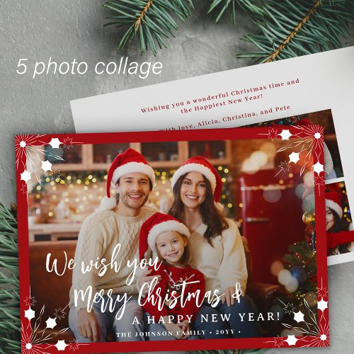 Merry Christmas 5 photo collage red Holiday Card