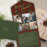 Merry Christmas 5 photo collage rustic plaid card<br><div class="desc">Elegant stylish year in review Merry Christmas faux gold classic calligraphy script five family photos red green plaid tartan rustic holiday card with your custom personalized text on both sides.</div>
