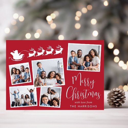 Merry Christmas 5 Photo Collage Santa Sleigh Holiday Card