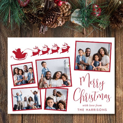Merry Christmas 5 Photo Collage Santa Sleigh Holiday Card