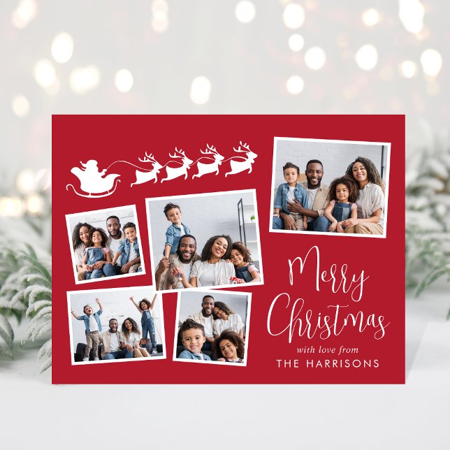 Merry Christmas 5 Photo Collage Santa Sleigh Holiday Postcard (This holiday season, let your family's smiles & heartwarming memories shine on our 5 photo postcard)
