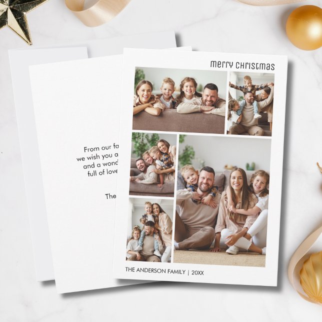 Merry Christmas 5 Photo Family White and Black Holiday Card (Merry Christmas 5 Photo Family White and Black Holiday Card)