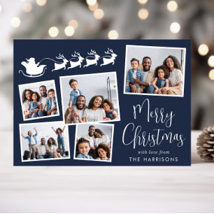 Merry Christmas 5 Photo Santa Sleigh Blue Holiday Card