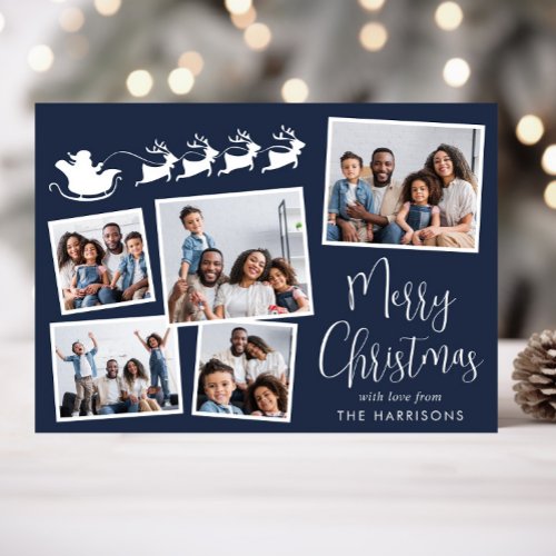 Merry Christmas 5 Photo Santa Sleigh Blue Holiday Card