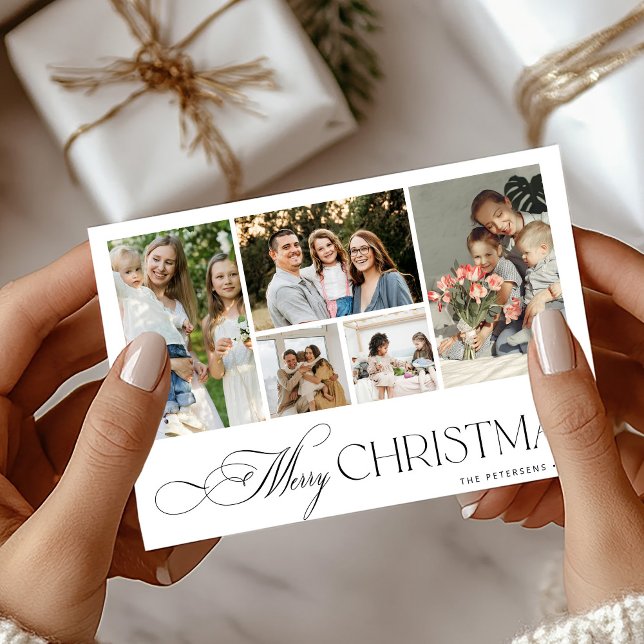 Merry Christmas 5 photos elegant calligraphy Holiday Card (Creator Uploaded)