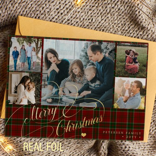 Merry Christmas 5 photos elegant script red plaid  Foil Holiday Card